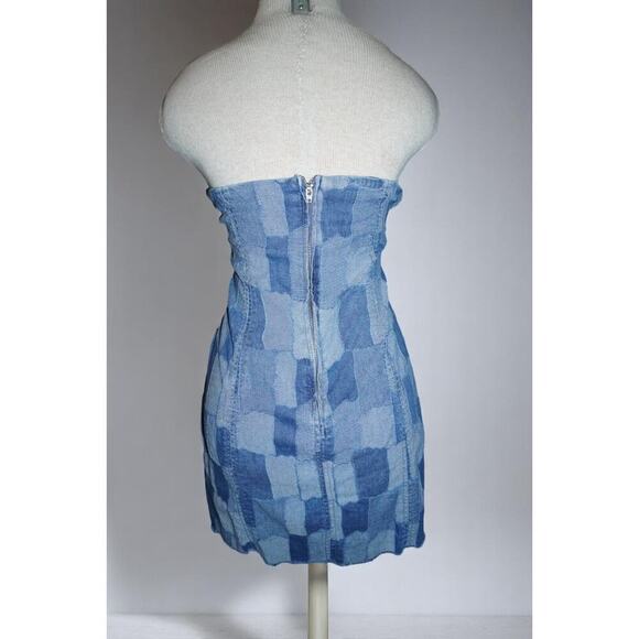 Wild Fable Strapless Patchwork Denim Mini Dress Size M | Zip Back | Raw Hem Y2K - Picture 5 of 7